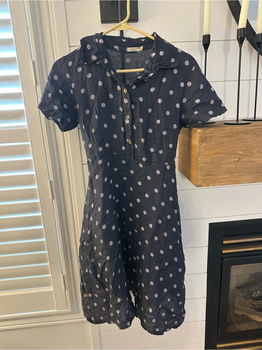 Italy Designer 100% LINEN Navy Polka Dot Short Sleeve Shirt Dress
